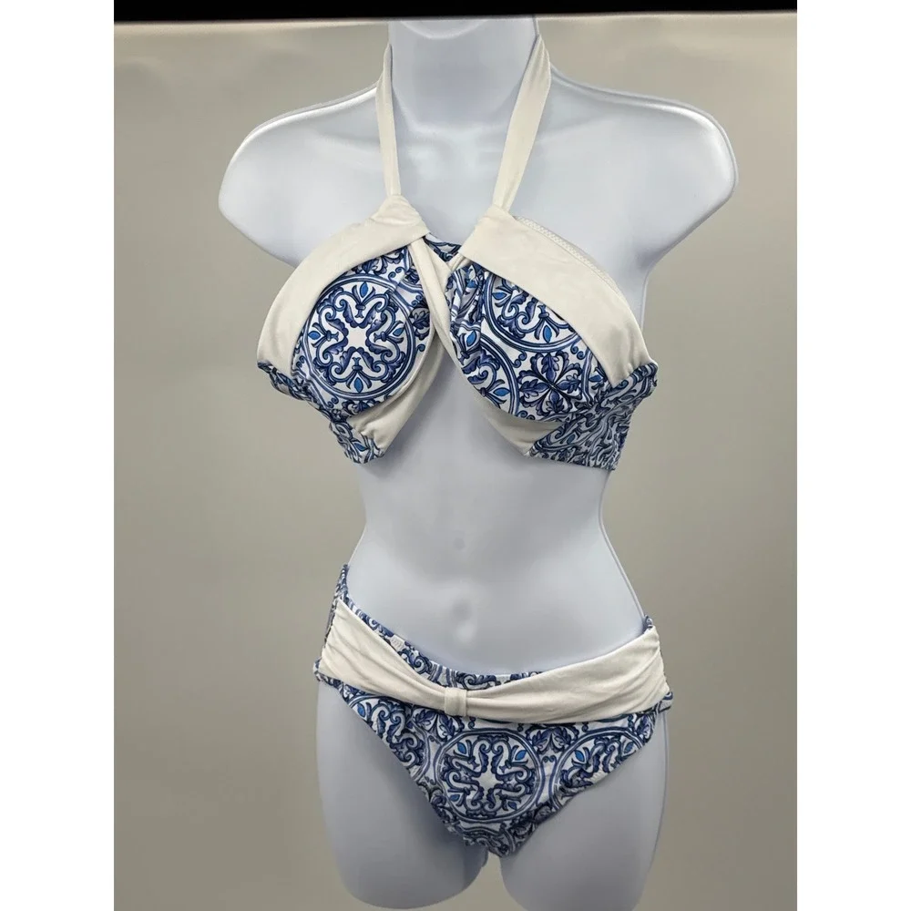 Mermaid Swimwear Blue White Tile Print Halter Bikini Set Size L Mediterranean